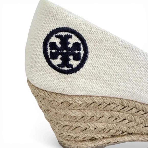 TORY BURCH Filipa Espadrille Wedges Cream Canvas Logo Summer Shoes size 7 - Picture 5 of 13